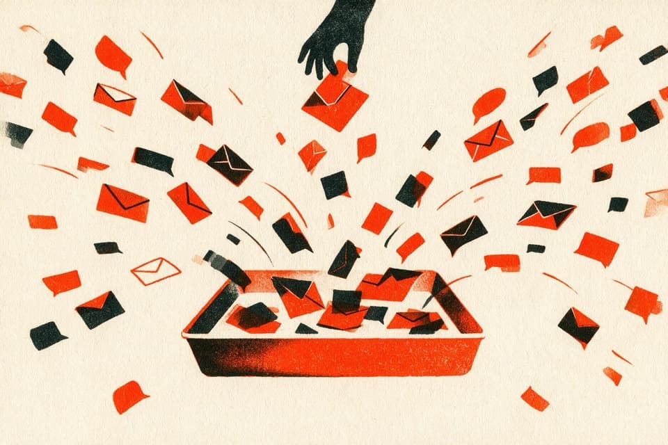 Scattered envelopes and messages gathered into one tray, a hand approving the top one